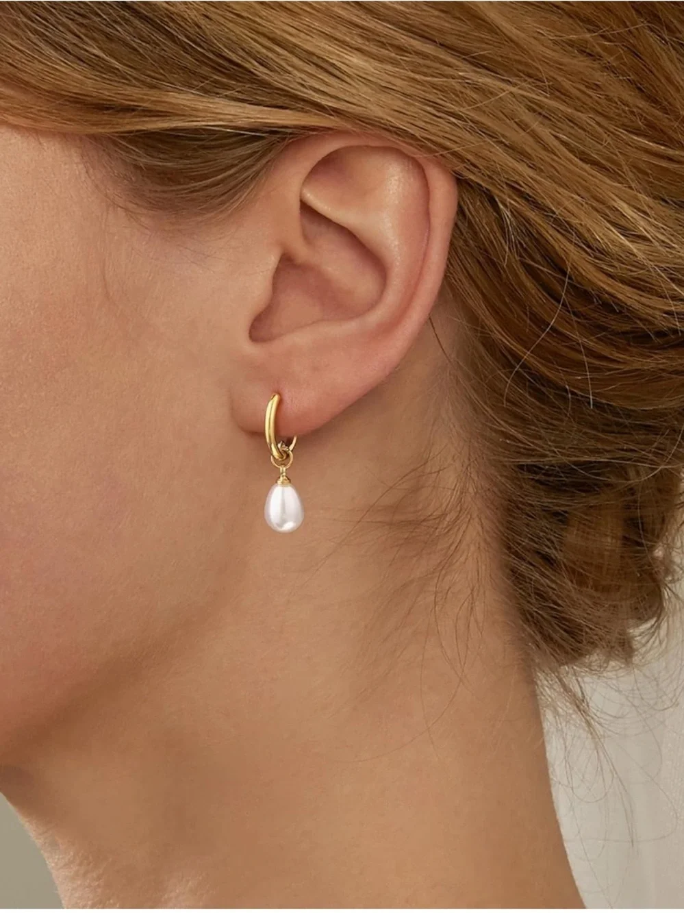 14K Gold Plated Pearl Drop Hoop Earrings